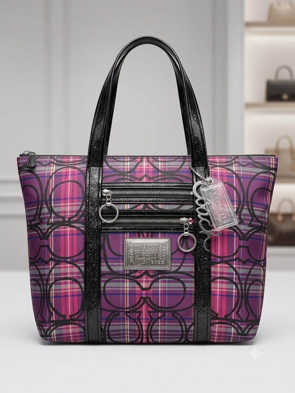 Coach Pink and Purple Signature Plaid Tote with Black Trim